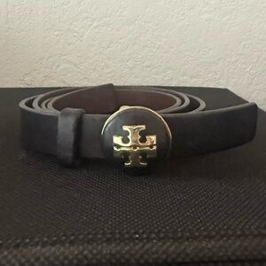 Tory Burch Black Leather Belt with Gold Logo